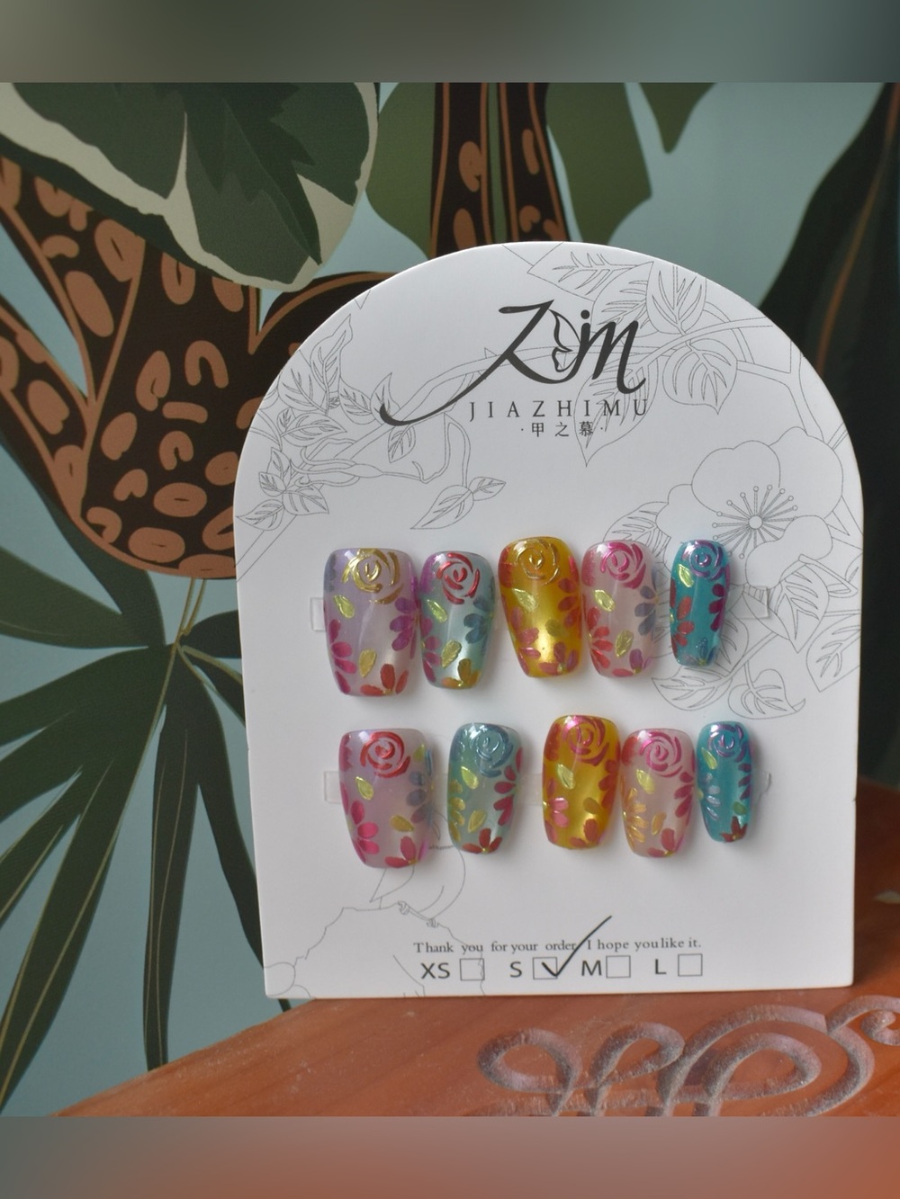 JIAZHIMU Floral Metallic Press-On Nails Size Small 2.5 Length Multicolor Rose
